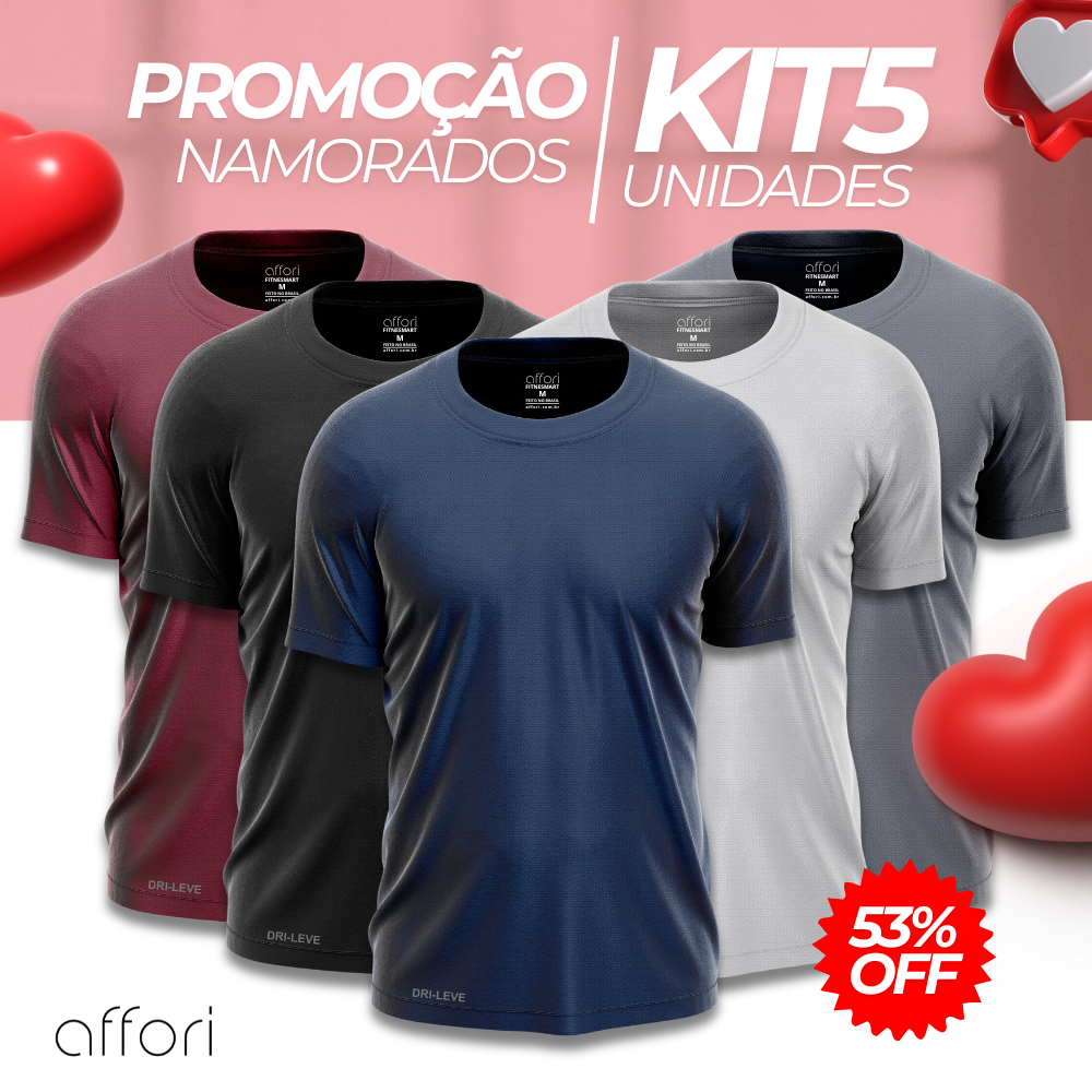 Kit 5 Camisetas Tecnológicas FitneSmart Masculinas - Presente Dia Dos Namorados