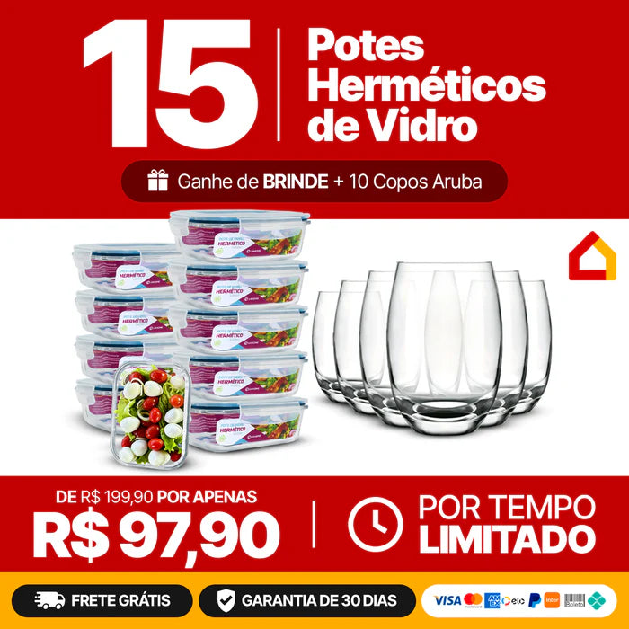 Kit com 15 potes Herméticos de vidro + 10 copos de vidro de arruda de brinde