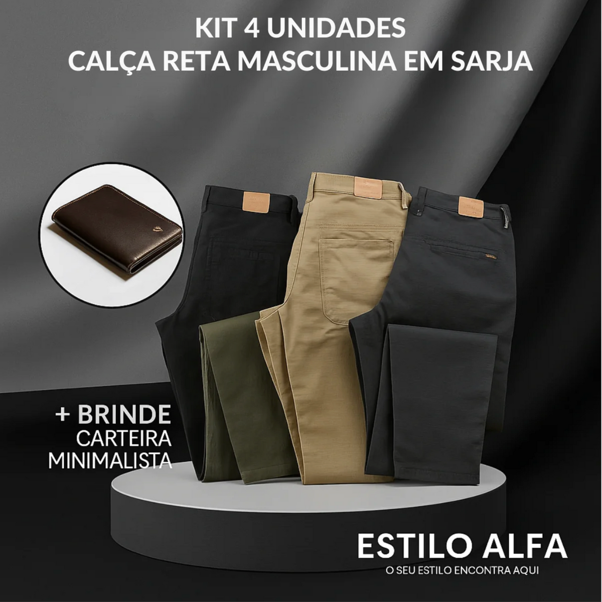 Calça Reta Masculina em Sarja [Kit 4 Unidades] + Carteira de Brinde