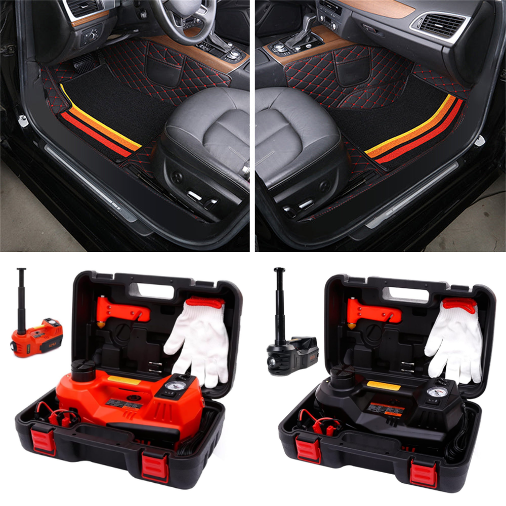 Kit universal de tapetes com logo marca (4 peças) + Kit de Macaco Eletrônico Multifuncional 3 em 1