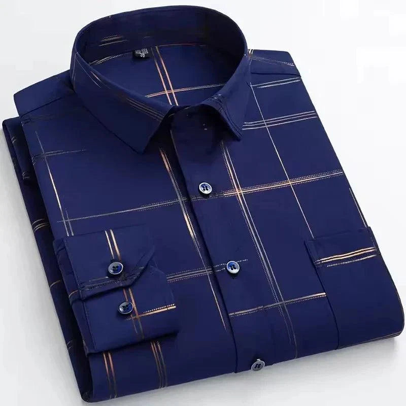 [PAGUE 3 LEVE 5] Camisa Manga Longa Casual European em Seda Gelo e Poliéster + BRINDES: Cinto, Carteira e Relógio