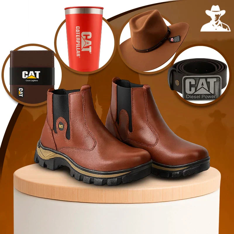 Kit Caterpillar - Bota Masculina em Couro Legítimo e Palmilha Ortopédica + Brindes Exclusivos  Dia dos Pais